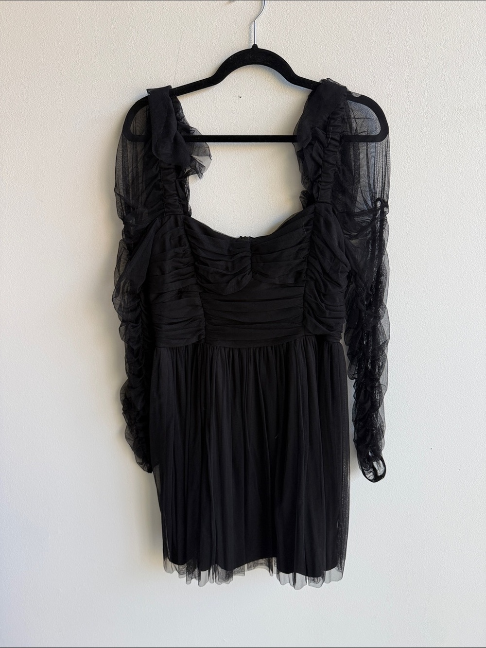 French Connection Black Ruffle Mesh Long Sleeve Mini Dress